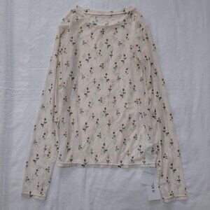 Fover Cute Sheer Crew Neck Cut & Sew Top Floral Print Size M